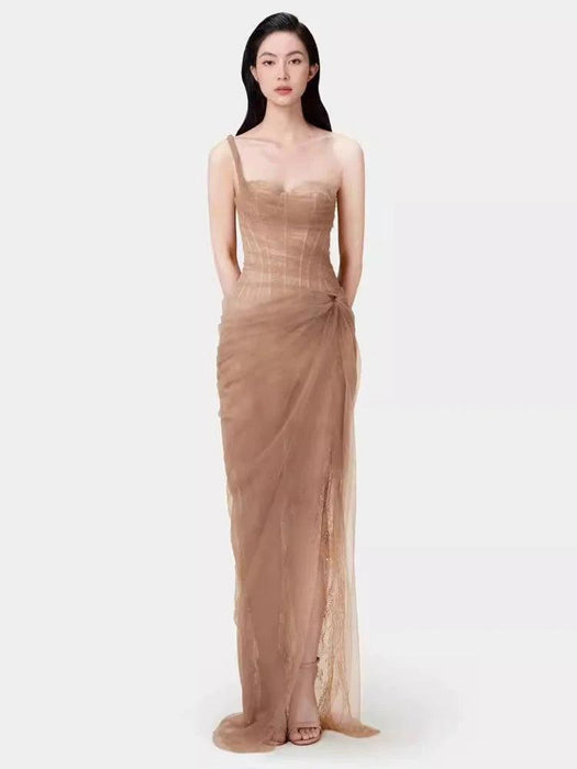 One-Shoulder Lace Evening Dress with High Slit - Summer 2024 Collection