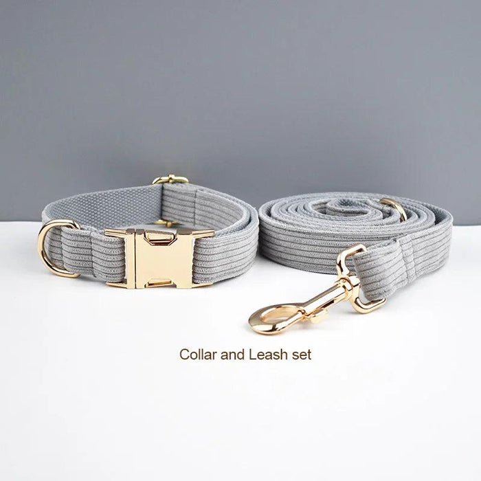 Personalized Light Grey Corduroy Dog Collar and Leash Set with Stylish Accessories