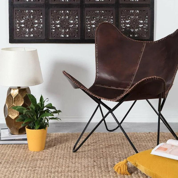 Retro Brown Leather Butterfly Chair with Sturdy Iron Frame for Stylish Comfort