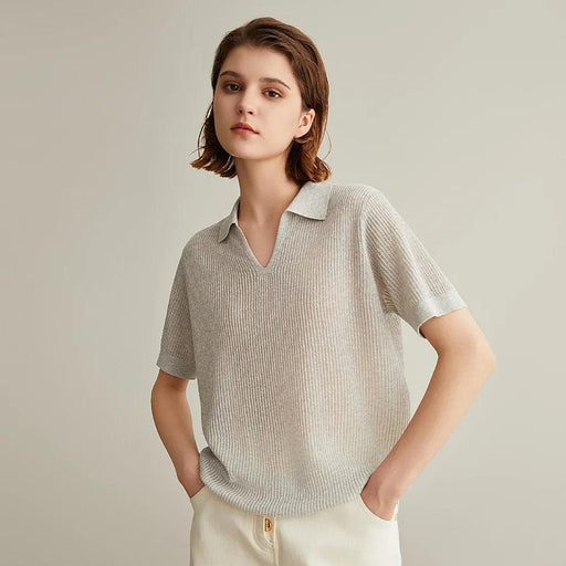 Chic Linen-Silk Blend Knitted Polo Sweater for Women