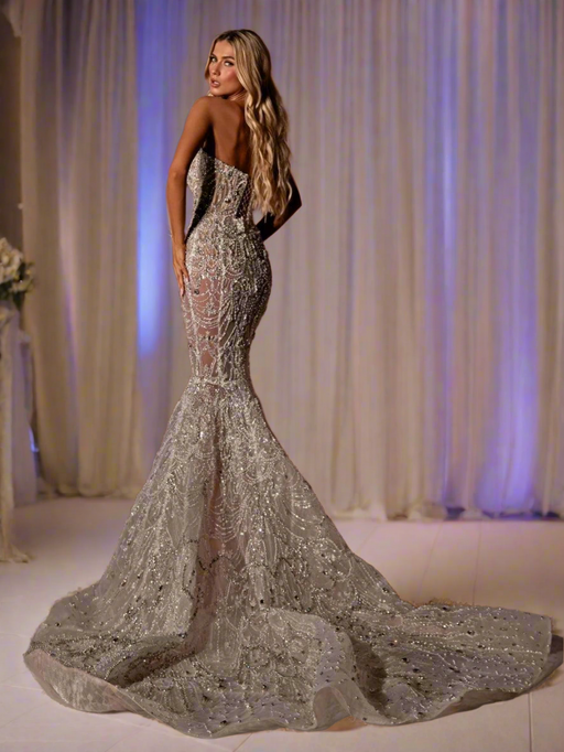 Radiant Crystal-Embellished Mermaid Bridal Gown with Elegant V-Neck