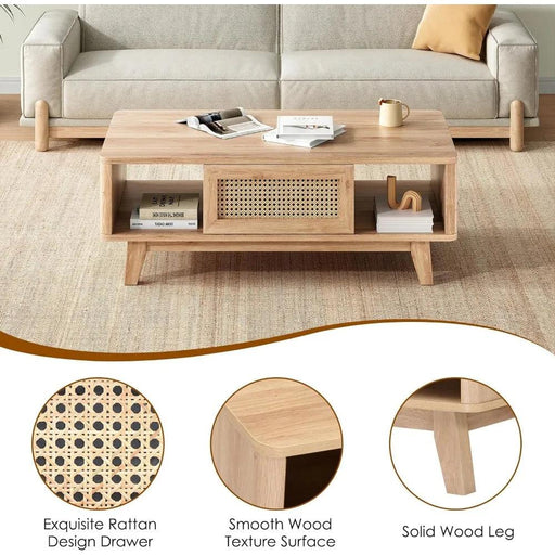 Stylish Rattan-Infused Wooden Coffee Table - Essential for Modern Living Spaces