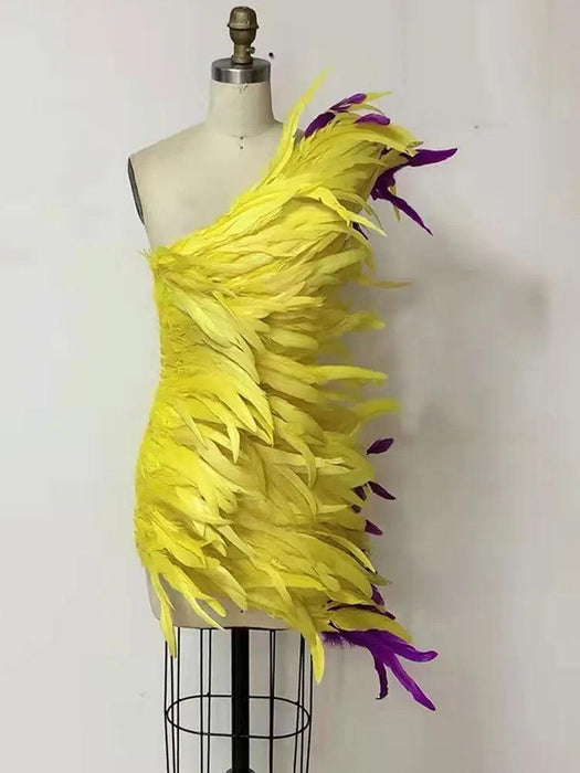 Sunshine Yellow Feathered One-Shoulder Bodycon Dress