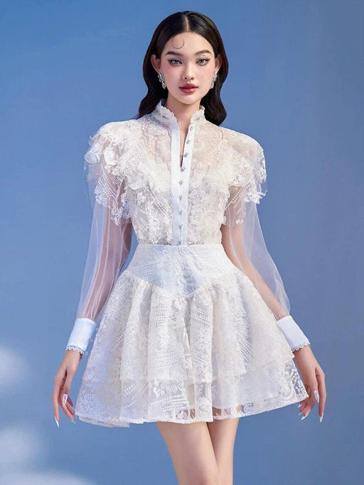 Elegant Pearl Flower Lace High Waist Mesh Dress with Stand Collar for Women