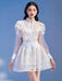 Elegant Pearl Flower Lace High Waist Mesh Dress with Stand Collar for Women