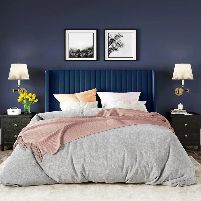 Elegant Blue Velvet Wingback Bed Frame with Smart Under-Bed Storage - Chic & Comfortable Design