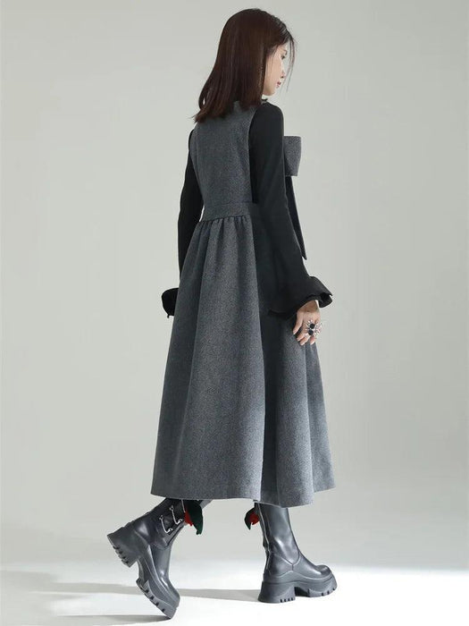 Sleeveless Gray Woolen Dress for Women with Bow Detail