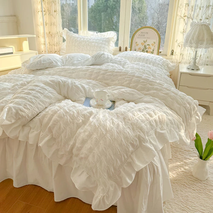 Luxe Korean Princess Lace Ruffle Bedding Ensemble with Duvet Cover, Bed Sheet, Skirt, and Pillowcases