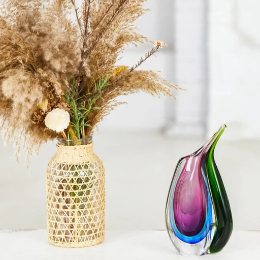 Vivid Multicolor Hand-Blown Sommerso Glass Teardrop Vase - 9.5" Decorative Accent
