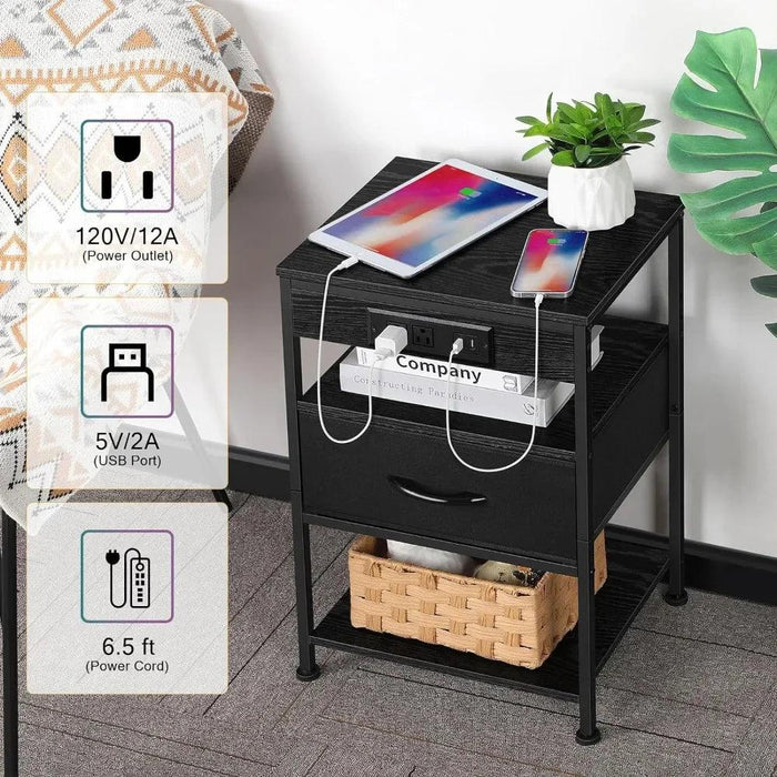 Modern Black Nightstand Set with USB Charging and Power Outlets - 2 Piece