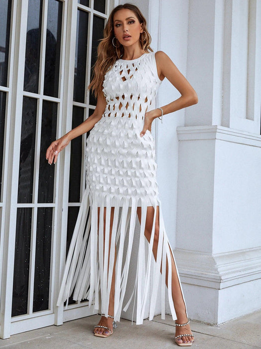 Elegant White Bodycon Dress with Tassels for Evening Parties