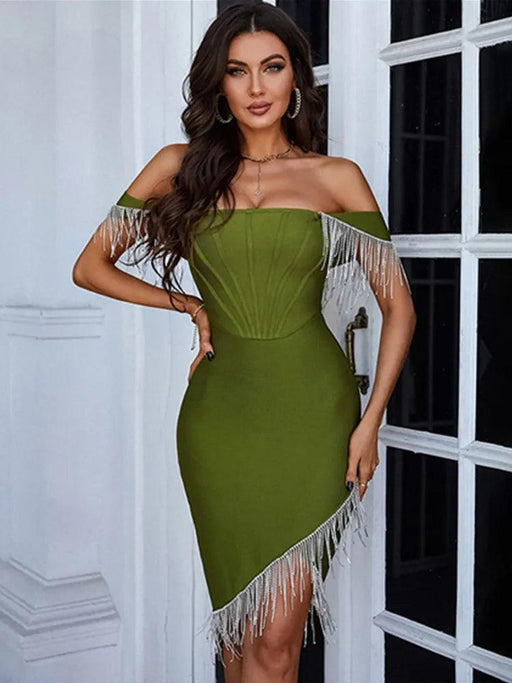 Sizzling Army Green Off Shoulder Mini Dress with Vibrant Red Diamonds - Summer 2023 Glam Collection