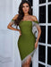 Sizzling Army Green Off Shoulder Mini Dress with Vibrant Red Diamonds - Summer 2023 Glam Collection