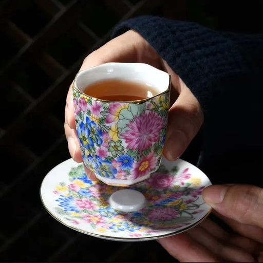 Sheep Fat Jade Porcelain Tea Set with Million Flower Enamel - Artisanal Tea Collection