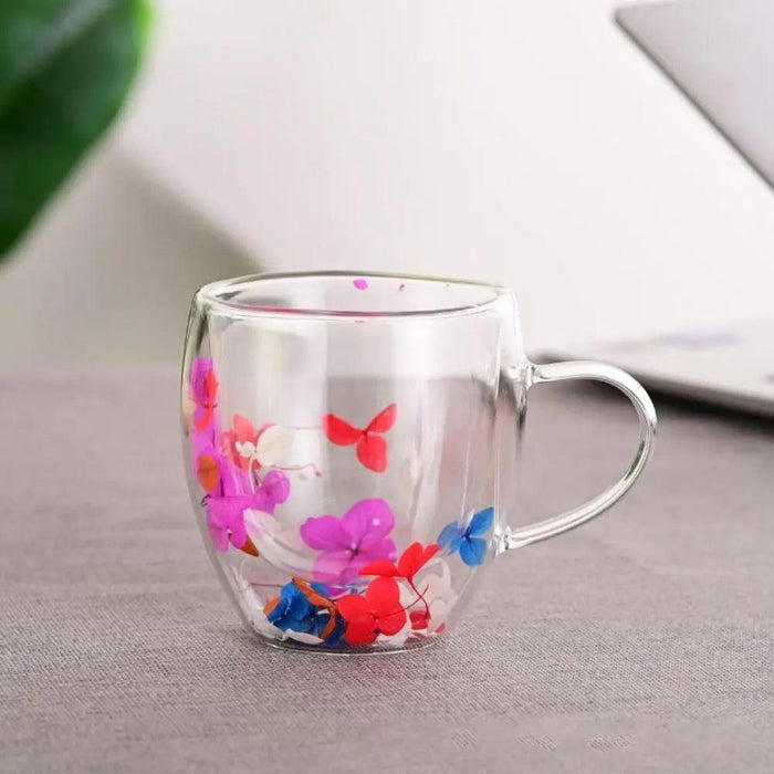 Elegant Double-Wall Glass Mug with Real Dried Flower Infusion - Heat-Resistant Tea and Coffee Cup with Stylish Handles