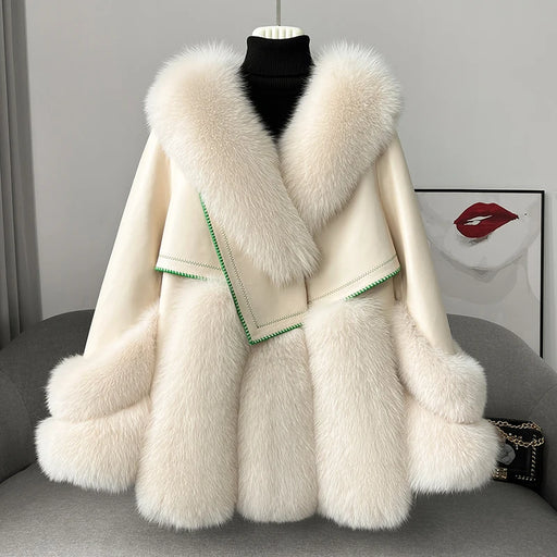 Luxurious Whole Leather Fox Fur Coat - Women's Mid-Length Jacket