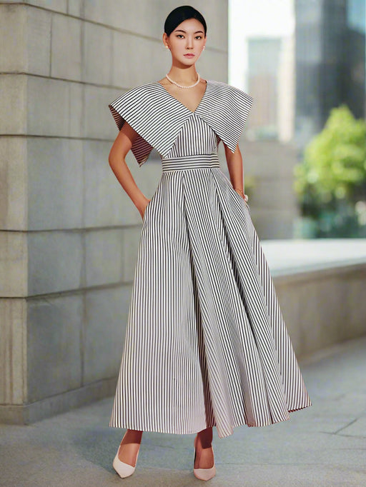 Striped High-Waisted Evening Dress with Oversized Collar for Women – 2024 Summer Collection 35Z657