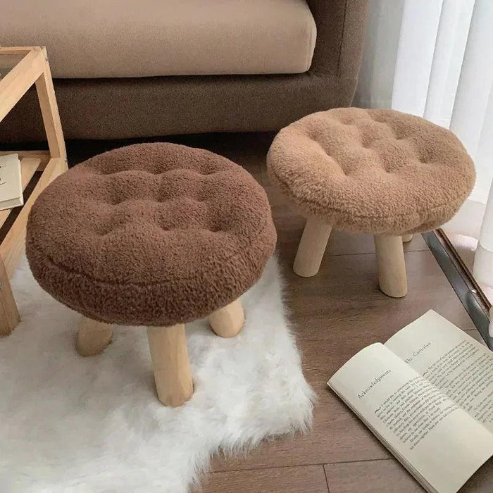 Scandinavian Round Wooden Pouf Stool with Easy-Care Cover