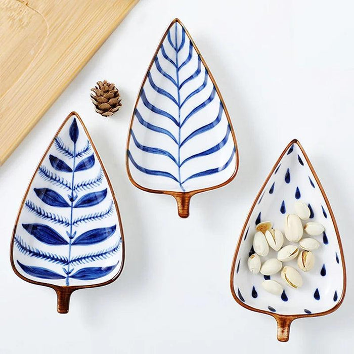 Artisan Japanese Leaf-Shaped Ceramic Serving Dish Set with Elegant Wooden Tray