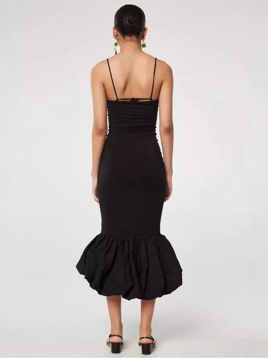 Sleek Black Spaghetti Strap Fishtail Evening Dress - High Waist Glamour for Women