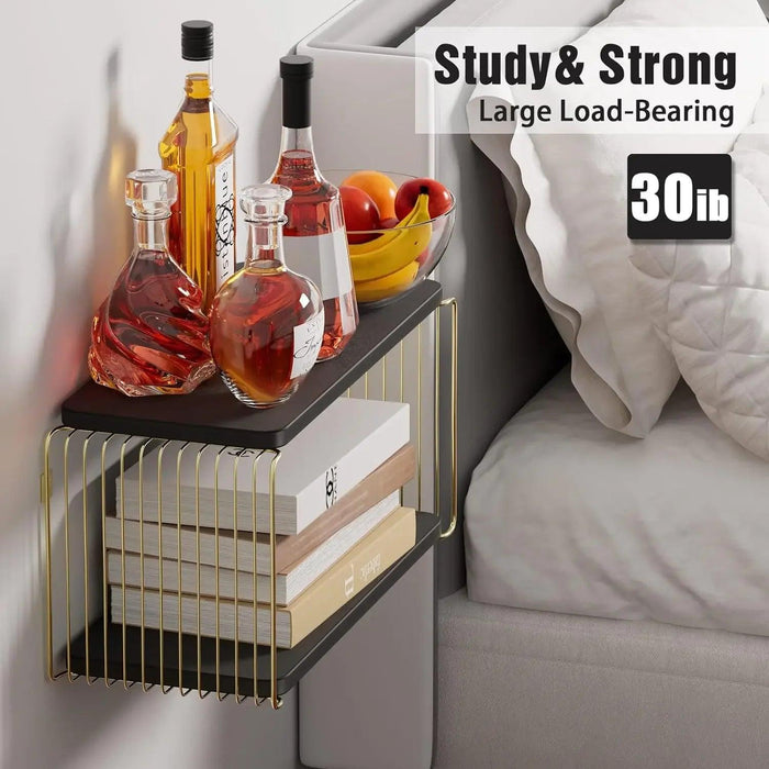 Stylish Black and Gold Floating Nightstand with Convenient Bedside Shelves