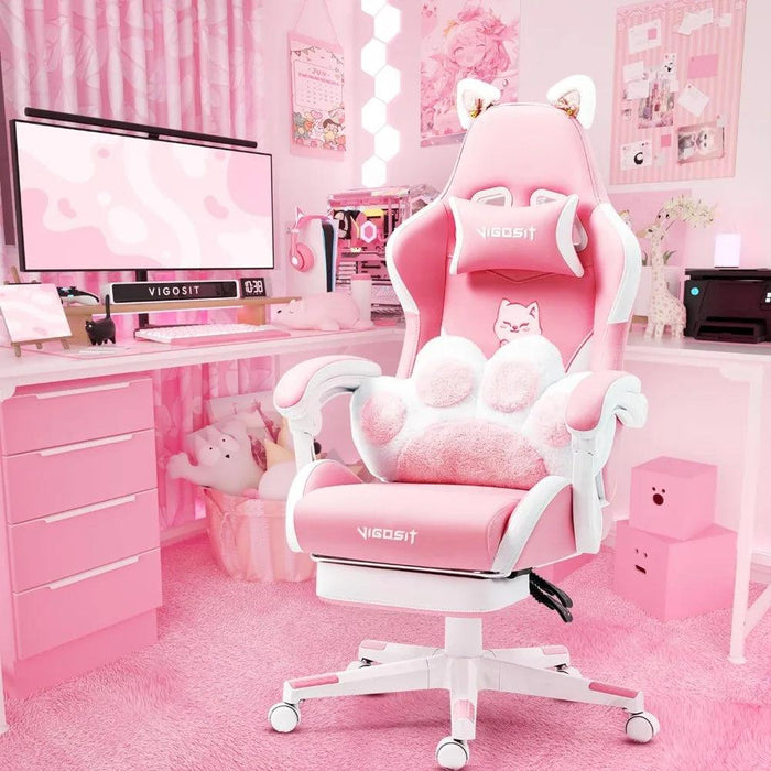 Adorable Pink Gaming Chair with Cat Ear Design and Adjustable Lumbar Support for Female Gamers