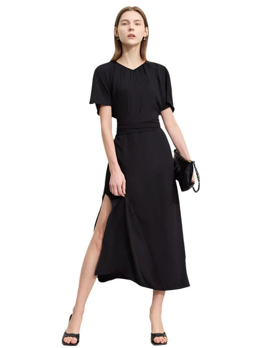 Chic Minimalist V-Neck Pleated Summer Dress with Lace-Up Detail for Women