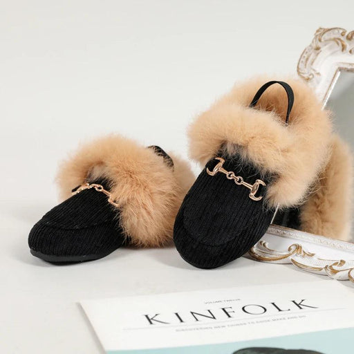 Charming Kids Black Fur Slip-On Slippers - Cozy Outdoor Slides for Boys and Girls