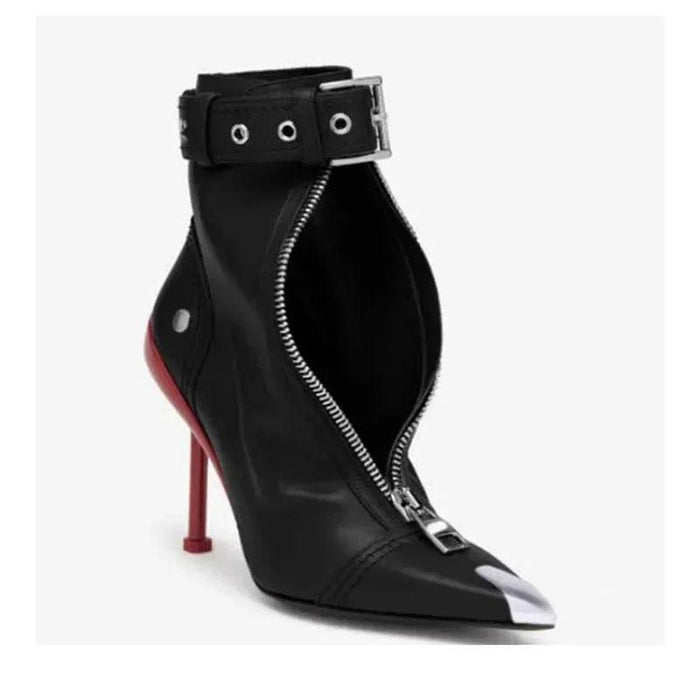 Red Pointed High Heel Ankle Boots with Zipper and Stylish Metal Details