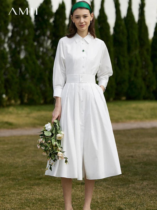 Elegant White Pleated Shirt Dress with Belt for Women - Spring Collection