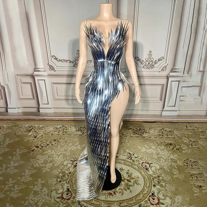 Glamorous Silver Sequin Tube Maxi Gown with Elegant Train