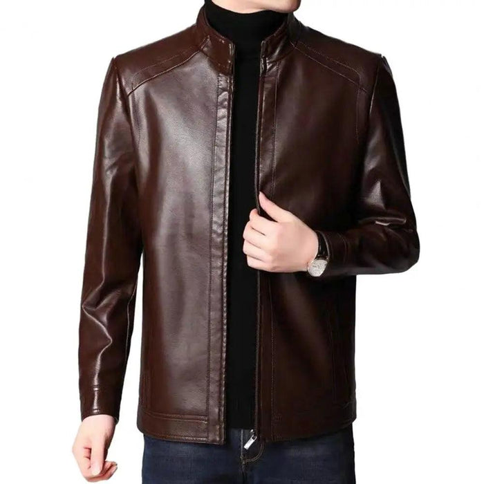 Men's Trendy Faux Leather Biker Jacket with Stand Collar - Cozy and Wind Resistant for Autumn and Winter