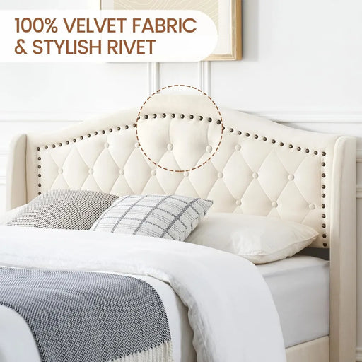 Luxurious Wingback Velvet Tufted Queen Bed Frame in Off-white with Steel Support