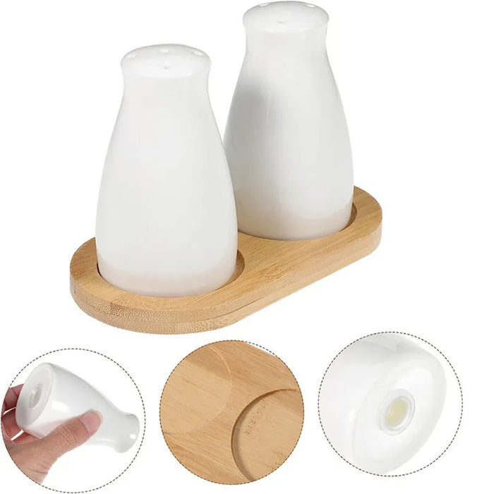 Ceramic Salt and Pepper Shaker Set with Bamboo Tray in Farmhouse Style