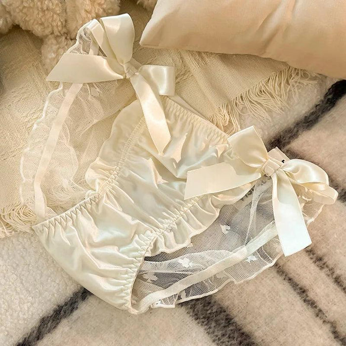 Charming Princess-Inspired Satin Lace Bow Women's Panties - Soft Ruffled Mesh Underwear for All-Day Comfort