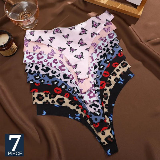 FINETOO 7Pcs Seamless Ice Silk Thong Set for Women - Fresh Low Waisted Print Underwear