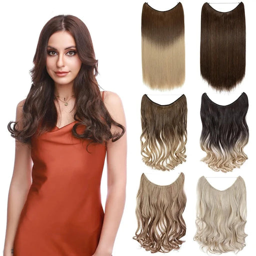 Adjustable Invisible Wire Hair Extensions - 20-inch Wavy/Straight Synthetic Hairpiece
