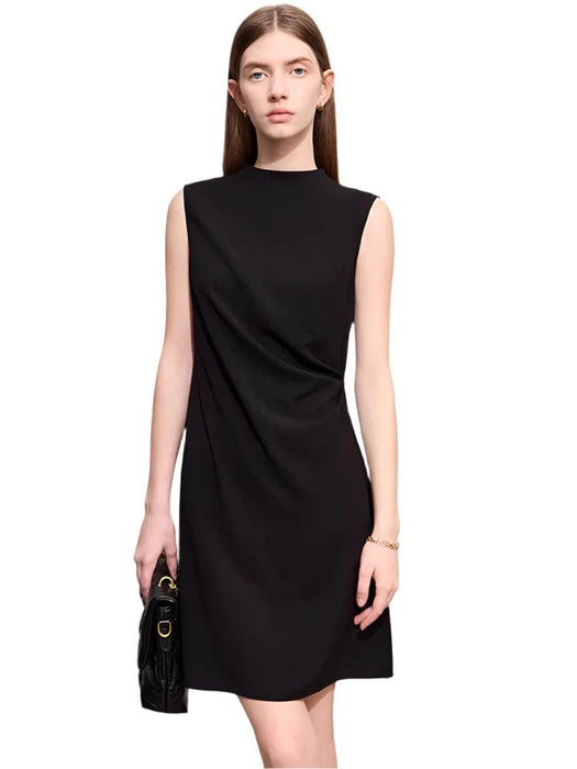 Chic Minimalist Sleeveless Black Dress for Women - Elegant Slim Fit with Modern Half-High Neck Design