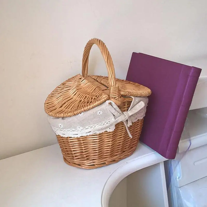 Oversized Handcrafted Wicker Picnic Basket with Dual Access Lids - Elegant Storage Solution