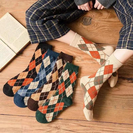 Vibrant Argyle Geometric Socks for Men - Set of 5 Cozy Combed Cotton Winter Essentials