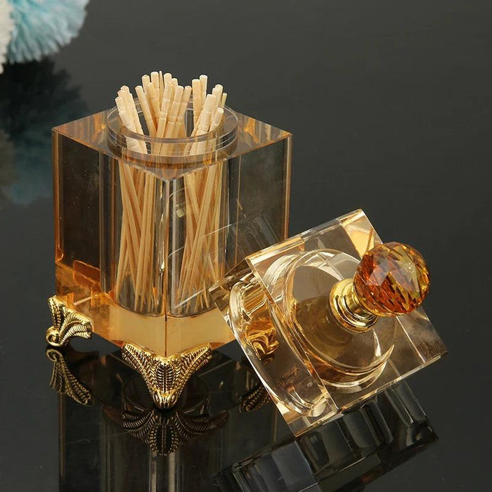 Elegant Amber Crystal Jar for Toothpicks and Cotton Swabs with Lid