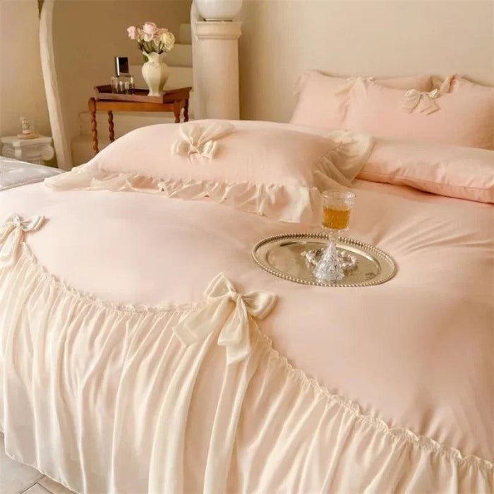 Elegant French Lace Ruffled Duvet Cover Set - Luxurious Bedding Ensemble with Bow Accents, Soft Sheets and Pillowcases