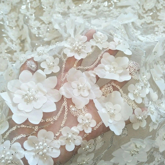 Extravagant Ivory 3D Beaded Lace Fabric - 130cm Width, Available by the Yard