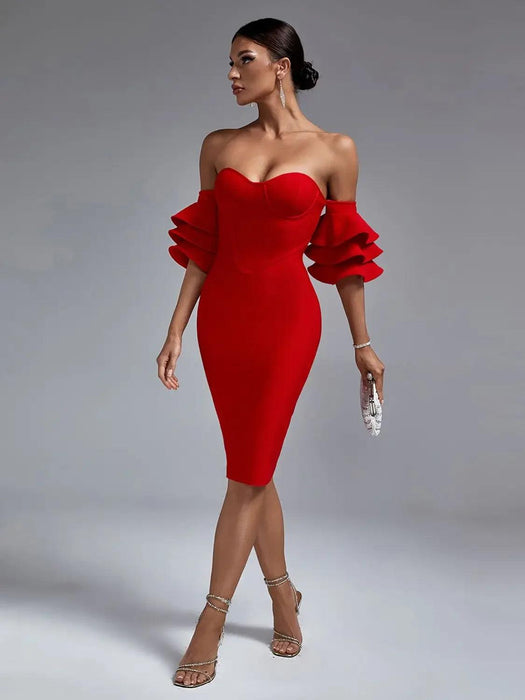 Radiant Ruby Off-Shoulder Ruffle Bodycon Dress - Chic Summer 2023 Fashion