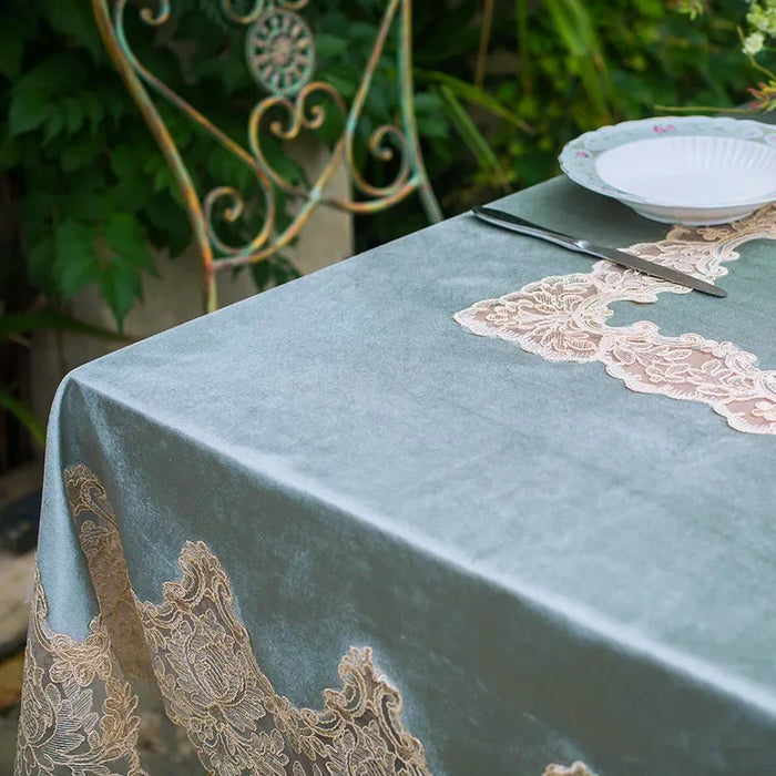 Opulent White Gold Velvet Tablecloth with Lace Embroidery - Luxe Dining Room Decor