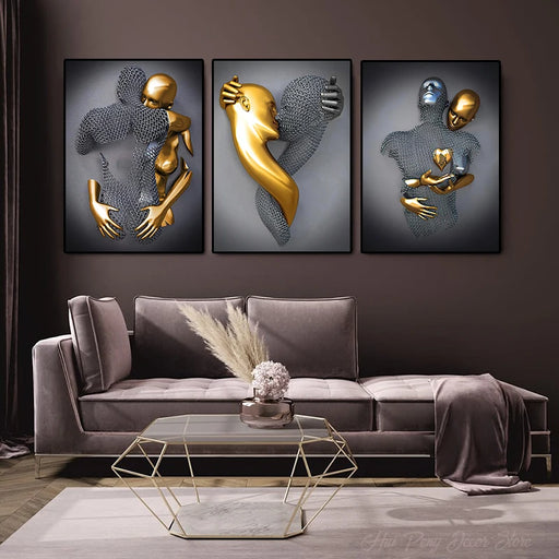 Elegant 3D Love Heart Metal Art Sculpture - Luxe Silver and Gold Print for Stylish Home Decor