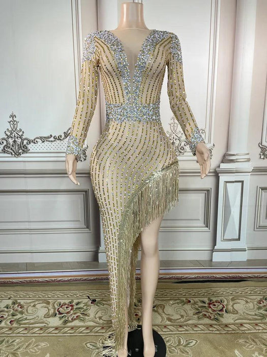 Glamorous Golden Diamond Tassel Evening Gown for Unforgettable Nights in Dubai and Saudi Arabia