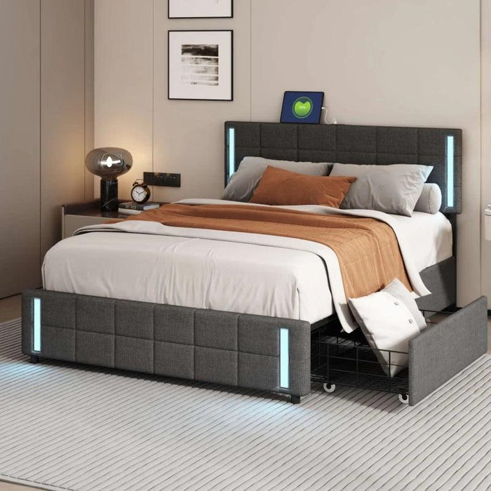 Luxurious Queen Bed with Smart LED Lighting, USB Charging, and Spacious Storage Options