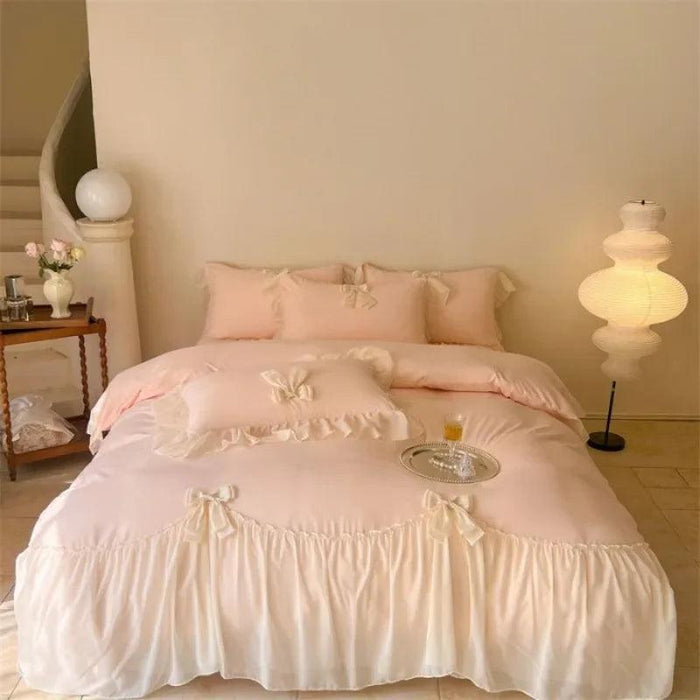 Elegant French Lace Ruffled Duvet Cover Set - Luxurious Bedding Ensemble with Bow Accents, Soft Sheets and Pillowcases