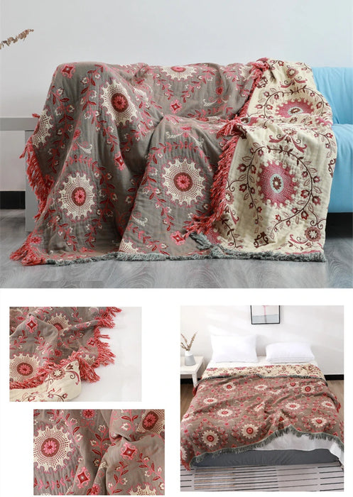 Reversible Jacquard Cotton Sofa Throw Blanket with Non-Slip Design